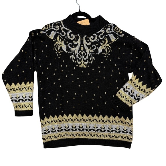TRIMMINGS Sweaters - TRIMMINGS‎ Black Gold Fair Isle Knit Sweater Women's Vintage Pattern Top